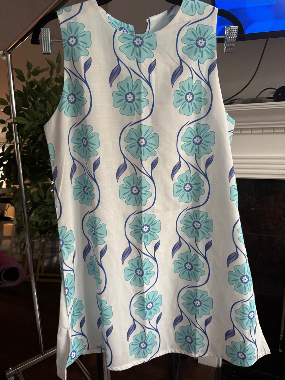Sleeveless White Shift Dress with Aqua Floral Print